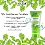 Maliao deep cleansing face wash tube with green tea leaves on a white background
