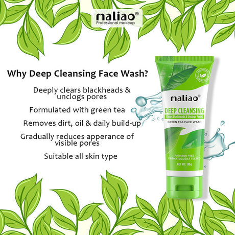 Maliao deep cleansing face wash tube with green tea leaves on a white background