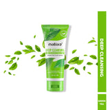 Green tube of Maliao Deep Cleansing Green Tea Face Wash with green leaves on a white background
