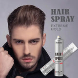 Man with styled hair next to a can of Maliao hair spray on a gray background