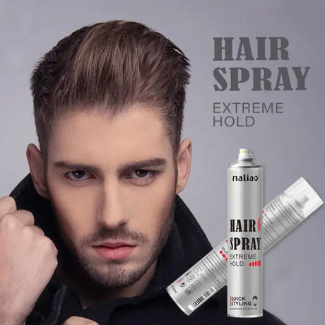 Man with styled hair next to a can of Maliao hair spray on a gray background