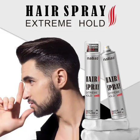 Man with styled hair next to two bottles of 'maliao' hairspray with 'Extreme Hold' text.