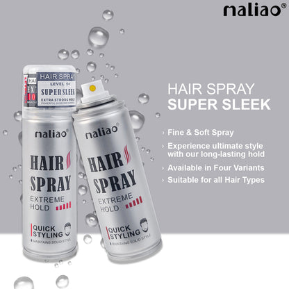 Two cans of maliao hair spray on a gray background with product details.