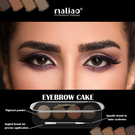Makeup product advertisement for maliao eyebrow cake with close-up of eyes and product packaging. maliao.pk