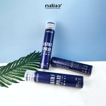 Three hair spray cans with 'maliao' branding on a light blue and white background.
