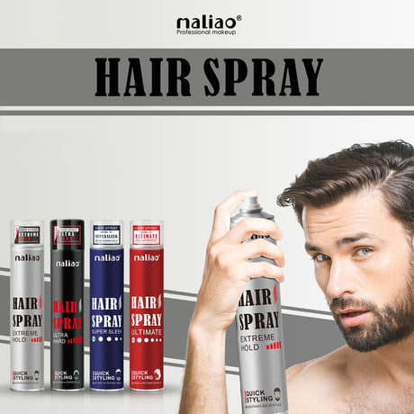 Maliao hair spray products with a man holding a can against a gray background