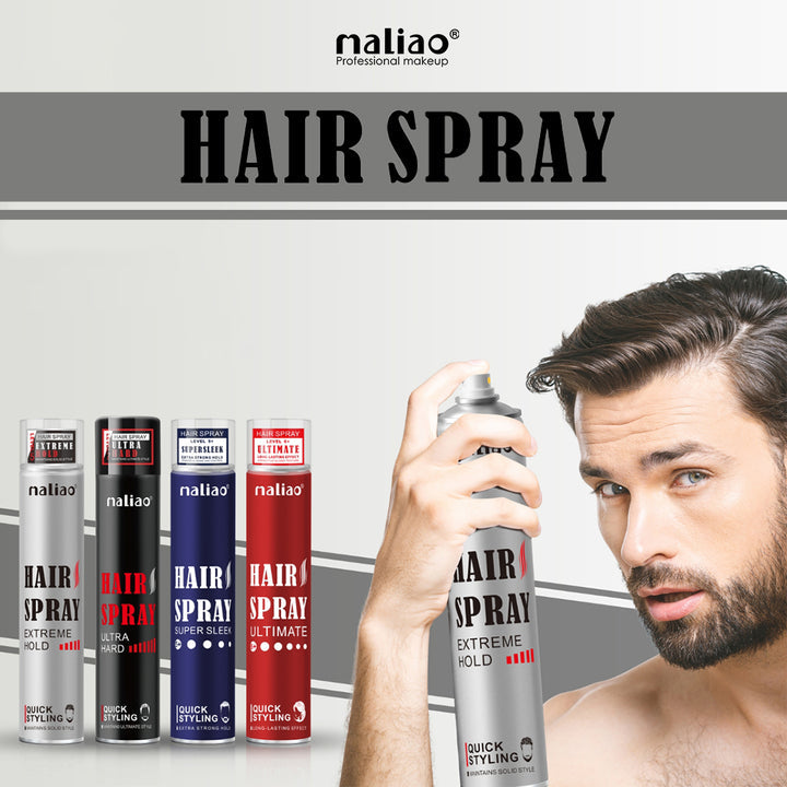Maliao hair spray products with a man holding a can against a gray background
