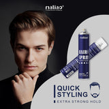 Advertisement for maliao hair spray with a man and product packaging on a dark background