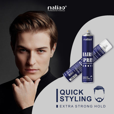 Advertisement for maliao hair spray with a man and product packaging on a dark background