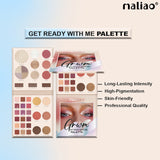 Makeup palette packaging with color swatches and 'maliao' branding on a light blue background.