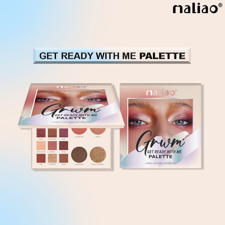 Makeup palette with 'maliao' branding and 'Get Ready with Me' text on a gradient background.