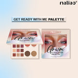 Makeup palette with 'maliao' branding and 'Get Ready with Me' text on a gradient background.