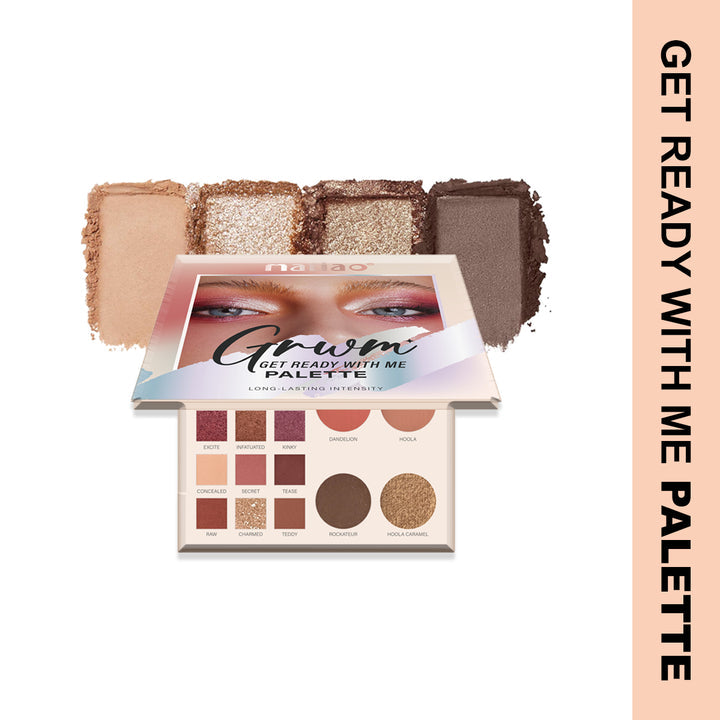 Makeup palette with swatches and 'Get Ready With Me Palette' text on a white background