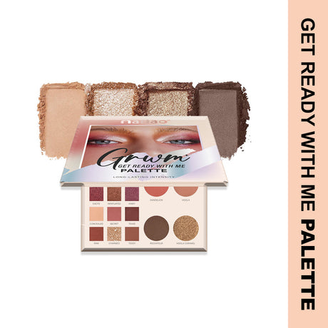 Makeup palette with swatches and 'Get Ready With Me Palette' text on a white background