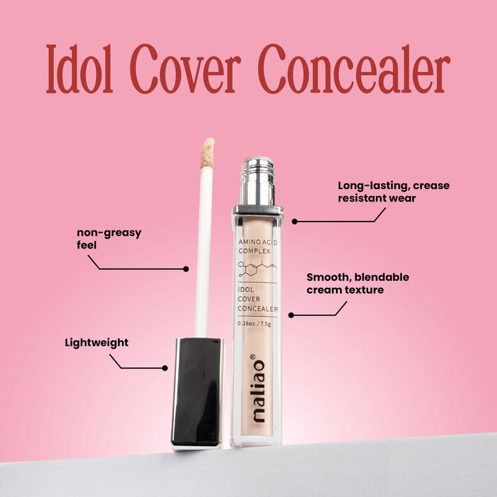 Mailao Idol Cover Concealer with product features on a pink background. maliao.pk 