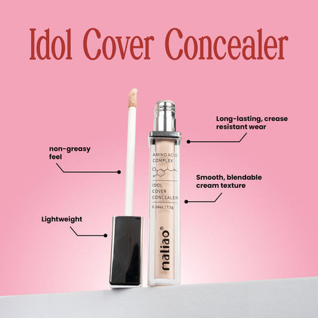 Mailao Idol Cover Concealer with product features on a pink background. maliao.pk 