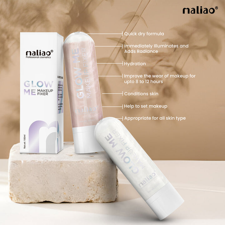 Maliao Glow Me Makeup Fixer with packaging on a neutral background. maliao.pk