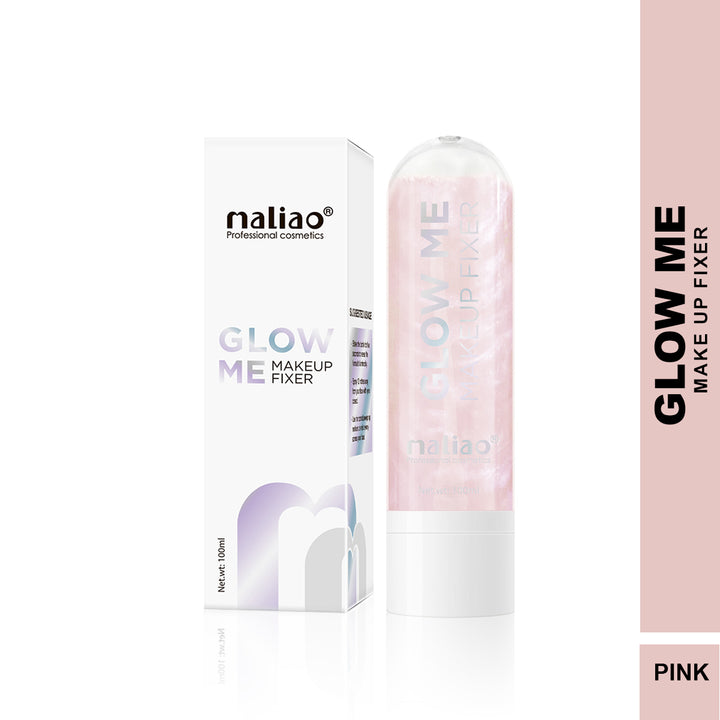 Maliao Glow Me Makeup Fixer in pink with packaging on a white background. maliao.pk