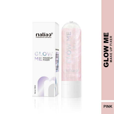 Maliao Glow Me Makeup Fixer in pink with packaging on a white background. maliao.pk