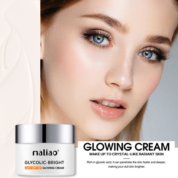 Woman's face with close-up of a Maliao cream jar, highlighting the product's benefits. maliao.pk