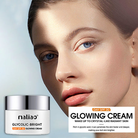 Woman's face with a jar of maliao Glycolic-Bright Glowing Cream on a light blue background. maliao .pk