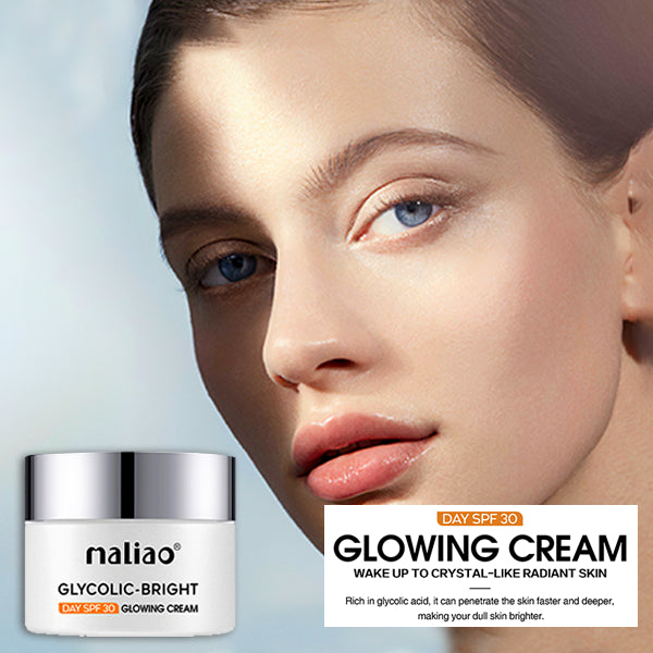 Woman's face with a jar of maliao Glycolic-Bright Glowing Cream on a light blue background. maliao .pk