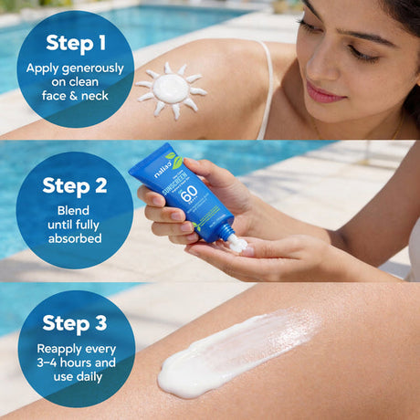 Woman applying sunscreen with steps displayed on a blue background. maliao.pk