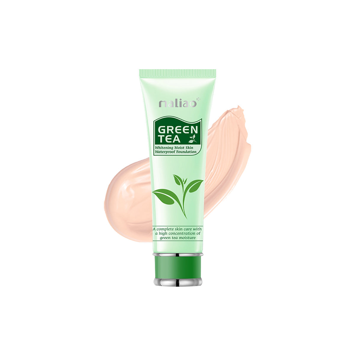 Tube of maliao Green Tea foundation with a swatch on a white background