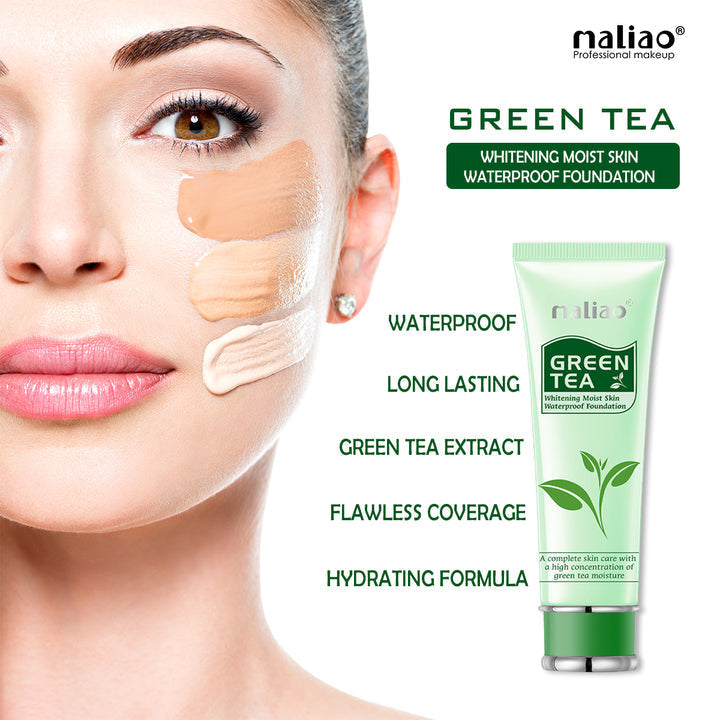 Maliao Green Tea foundation with application on face and product packaging.