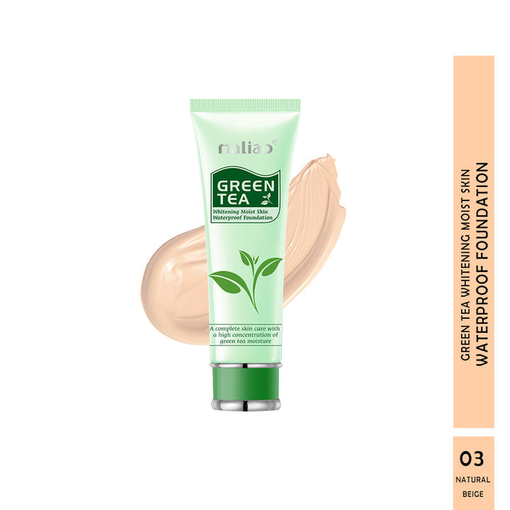 Maliao Green Tea foundation tube with beige swatch on a white background