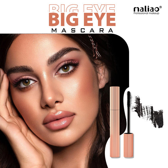 Mascara advertisement with a model wearing pink eye makeup and Naliao mascara products.. maliao.pk