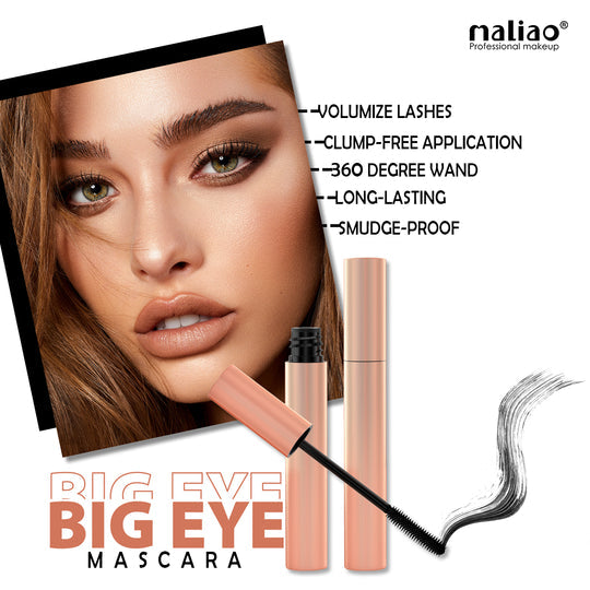 Mascara product with a model's face and features listed, branded as Maliao.pk