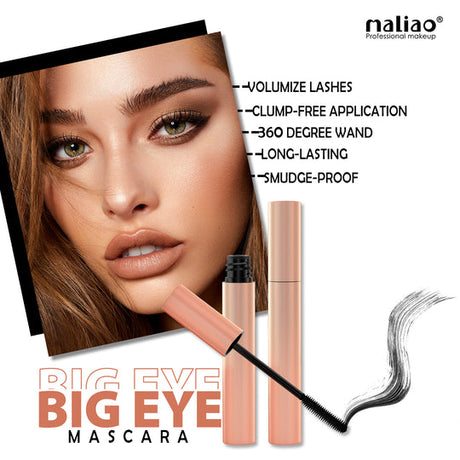 Mascara product with a model's face and features listed, branded as Maliao.pk
