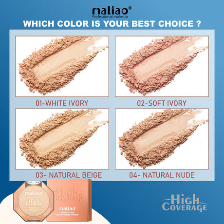 Maliao makeup color swatches with 'High Coverage' text on a blue background