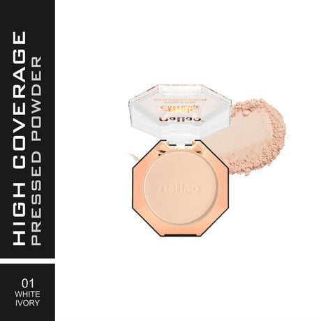 Maliao High Coverage Pressed Powder packaging with open case showing powder on a white background