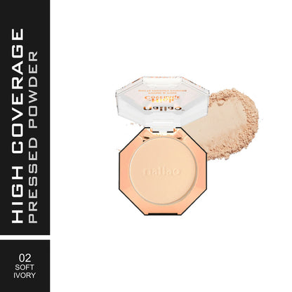High coverage pressed powder with open container and powder on a white background