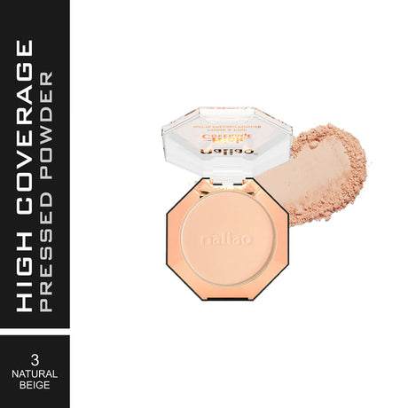 High coverage pressed powder with a compact and a scoop of powder on a white background