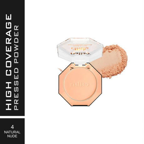 High coverage pressed powder with open case and powder visible, on a white background.