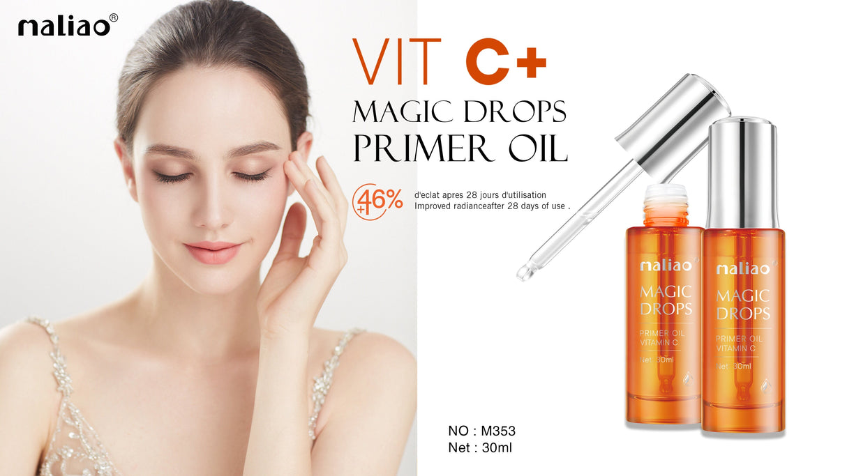 Maliao Magic Drops Primer Oil with a woman applying it to her face on a white background