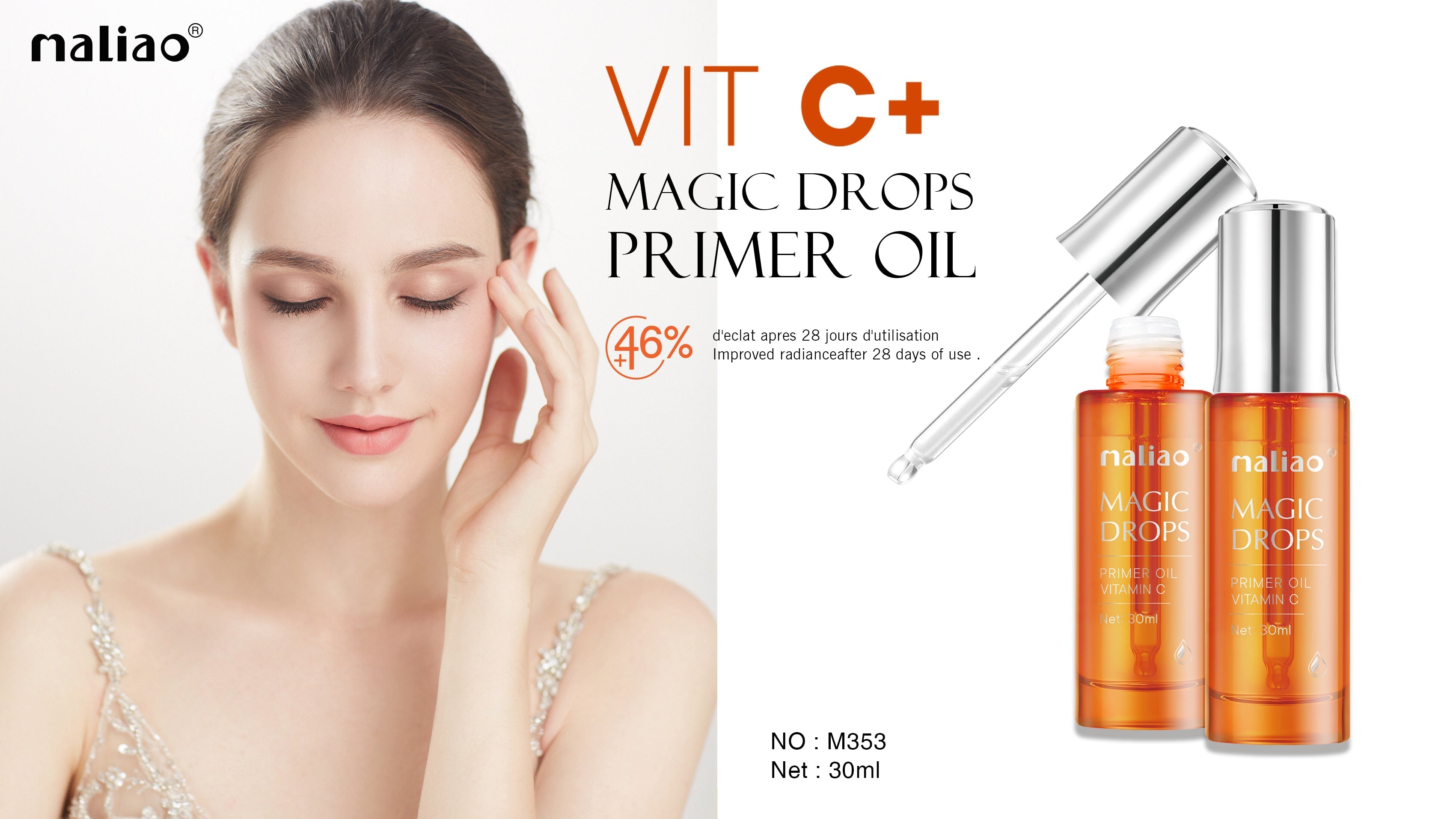Maliao Magic Drops Primer Oil with a woman applying it to her face on a white background