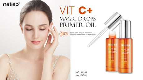 Maliao Magic Drops Primer Oil with a woman applying it to her face on a white background