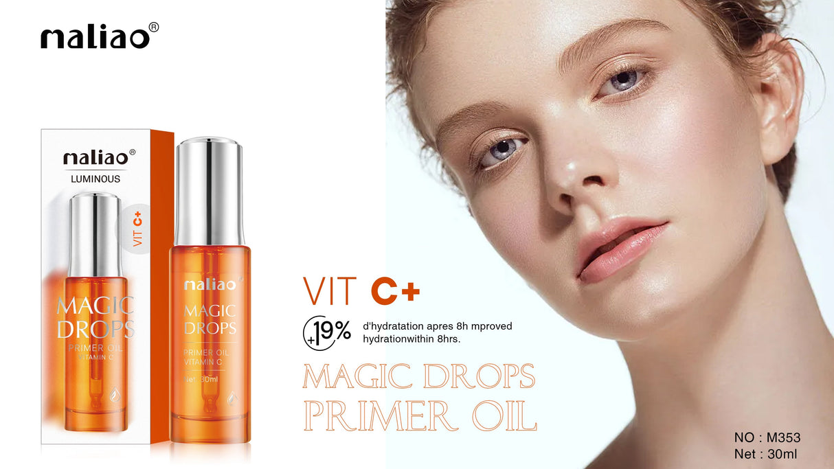Maliao Magic Drops Primer Oil with a close-up of a woman's face on a white background