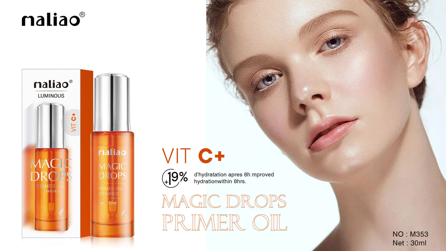 Maliao Magic Drops Primer Oil with a close-up of a woman's face on a white background