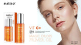 Maliao Magic Drops Primer Oil with a close-up of a woman's face on a white background