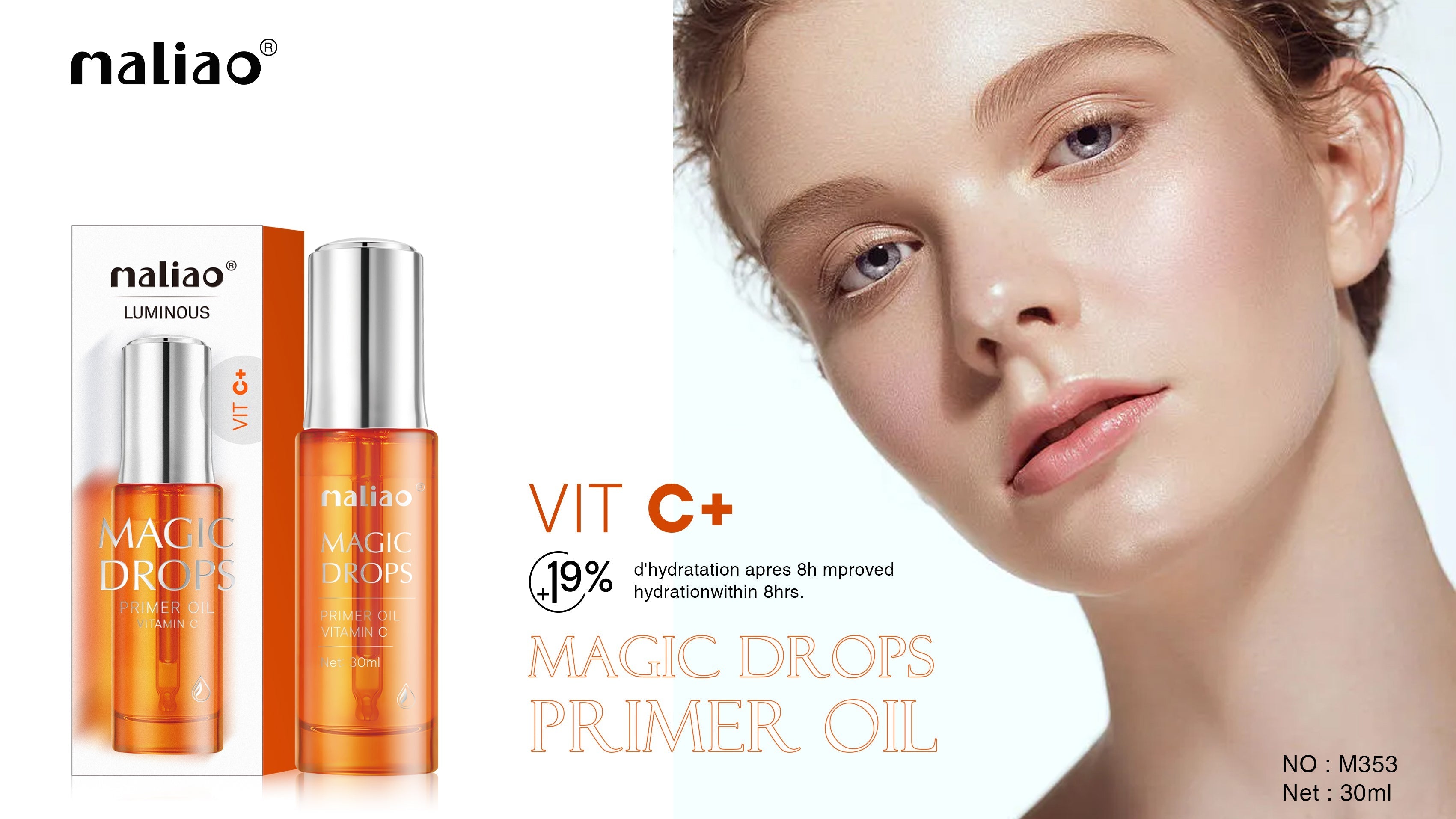 Maliao Magic Drops Primer Oil with a close-up of a woman's face on a white background