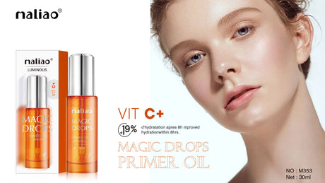 Maliao Magic Drops Primer Oil with a close-up of a woman's face on a white background