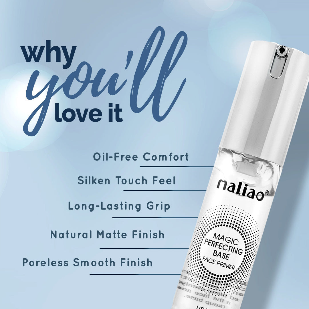 Maliao magic perfecting base face primer bottle with text on a light blue background. maliao.pk