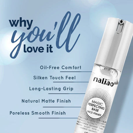 Maliao magic perfecting base face primer bottle with text on a light blue background. maliao.pk