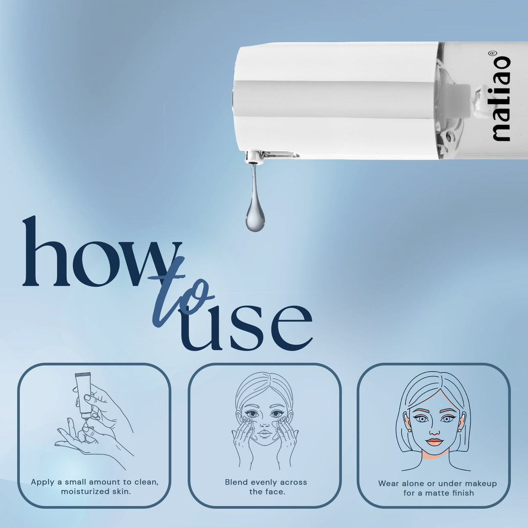 Primer bottle with 'how to use' instructions on a blue background. maliao.pk