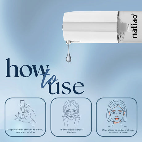 Primer bottle with 'how to use' instructions on a blue background. maliao.pk